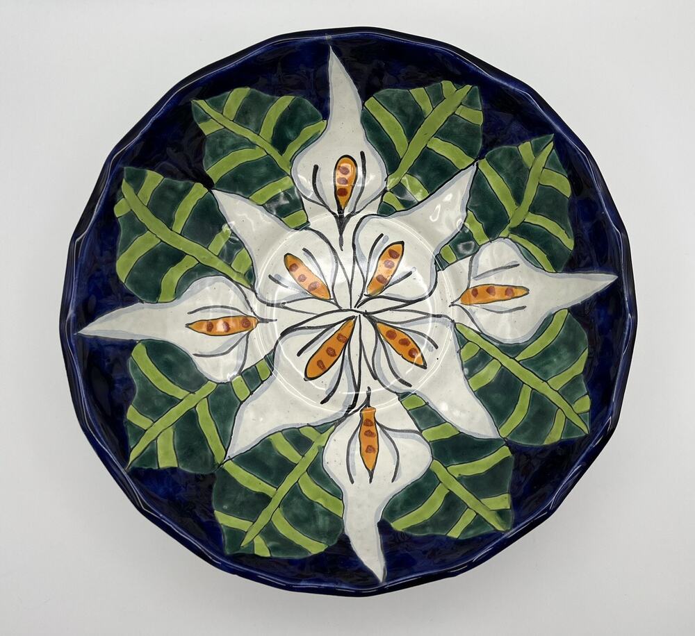 Talavera Mexican Art Pottery Hand Painted Calla Lily Serving Bowl 11” Mexico